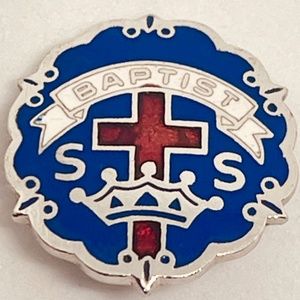 Antique BAPTIST SS Sunday School Cross Crown Pin Back Blue Enamel Lapel Hat Pin